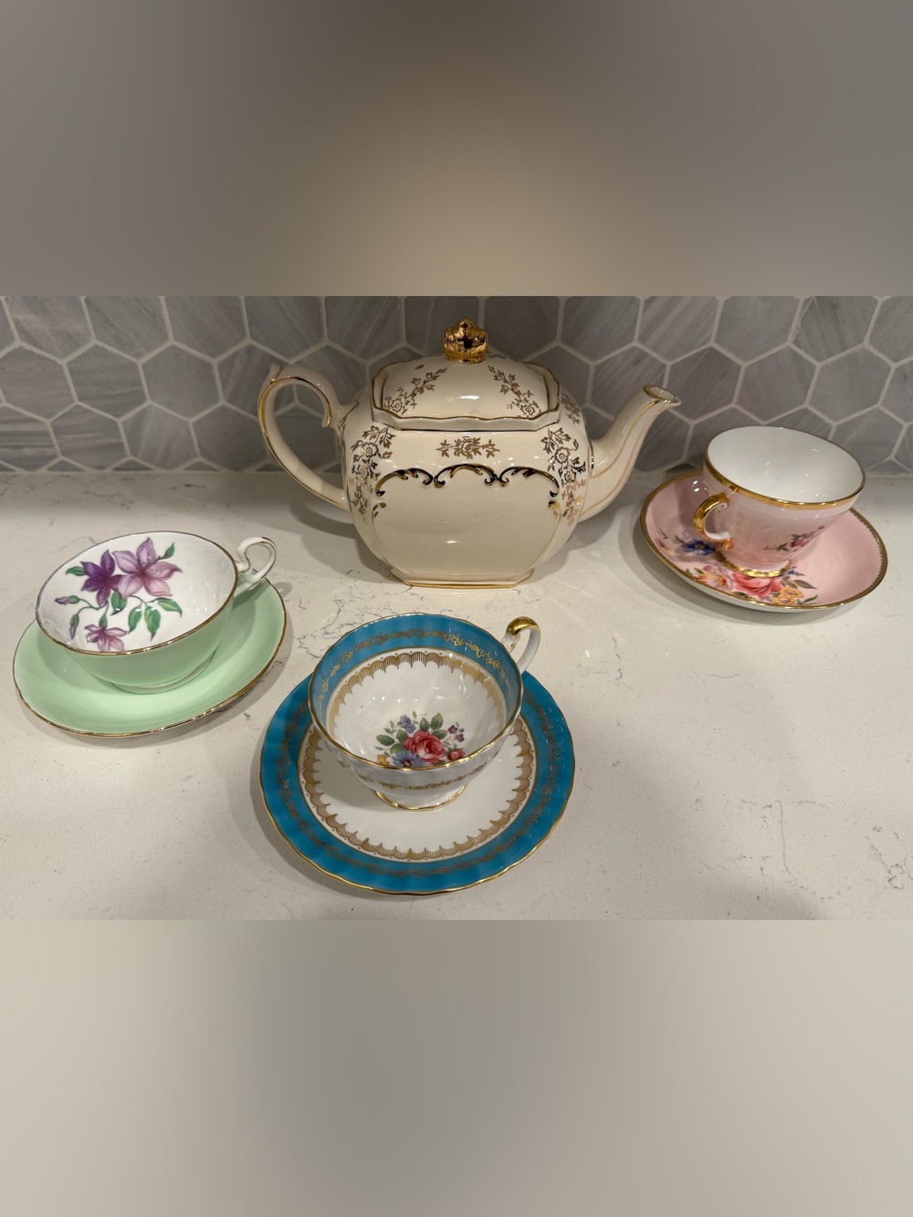 Vintage English Tea Set: Gold Floral Sadler Teapot Royal Grafton Aynsley 3 Cups